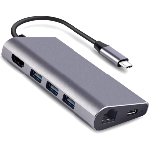 USB-хаб Dynamode USB3.1 Type-C to HDMI + 3хUSB3.0 + Gigabit LAN + USB Type-C Charging + SD/MicroSD до 4K HD 3840x2160 (Dock-USB-TypeC-HDMI-USB3.0-RJ45) ТОП в Кривом Роге