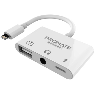 Адаптер Promate MediaBridge-i Lightning/USB 3.0 OTG+AUX 3.5 мм+10 Вт Lightning-in White (mediabridge-i.white) ТОП в Кривому Розі