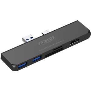 USB-C хаб 6-в-1 Promate SurfaceHub-7 HDMI/2xUSB 3.1/USB-C 3.1/SD/MicroSD Black (surfacehub-7.black)