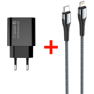 Мережевий зарядний пристрій СolorWay Power Delivery USB Type-C (20W) V2 + Кабель Type-C-Apple Lightning (PD 30W) 3.0А 1 м (CW-CHS026PD-BK/CBPDCL033-GR) в Кривому Розі