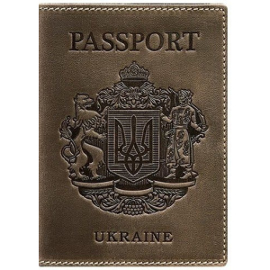 Новий Обкладинка для паспорта шкіряна з українським гербом BlankNote BN-OP-UA-o Темно-коричнева ТОП в Кривому Розі