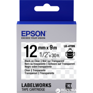 Картридж зі стрічкою Epson LabelWorks LK4TBN 12 мм / 9 м Black/Clear (C53S654012) краща модель в Кривому Розі