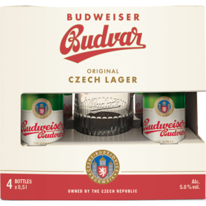 Подарунковий набір пиво Budweiser світле відфільтроване 5% 0.5 л x 4 шт. + кухоль 0.5 л (8594403707380) ТОП в Кривому Розі