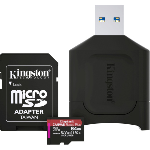 Kingston MicroSDXC 64GB Canvas React Plus Class 10 UHS-II U3 ​​​​V90 A1 + SD-адаптер + USB-кардрідер (MLPMR2/64GB) ТОП в Кривому Розі