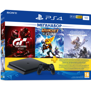 Ігрова приставка PlayStation 4 1ТБ Black у комплекті з 3 іграми та підпискою PS Plus (Ratchet &amp; Clank + Horizon Zero Dawn + Gran Turismo Sport + PS Plus 3 місяці) в Кривому Розі