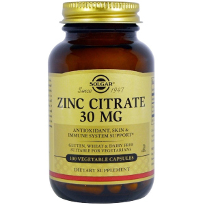 Цинк Solgar Цитрат, 30 мг, Zinc Citrate, 100 вегетарианских капсул (33984036703) лучшая модель в Кривом Роге