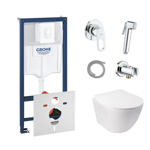 Комплект инсталляция Grohe Rapid SL 38722001 + унитаз с сиденьем Qtap Jay QT07335176W + набор для гигиенического душа со смесителем Grohe BauLoop 111042 лучшая модель в Кривом Роге